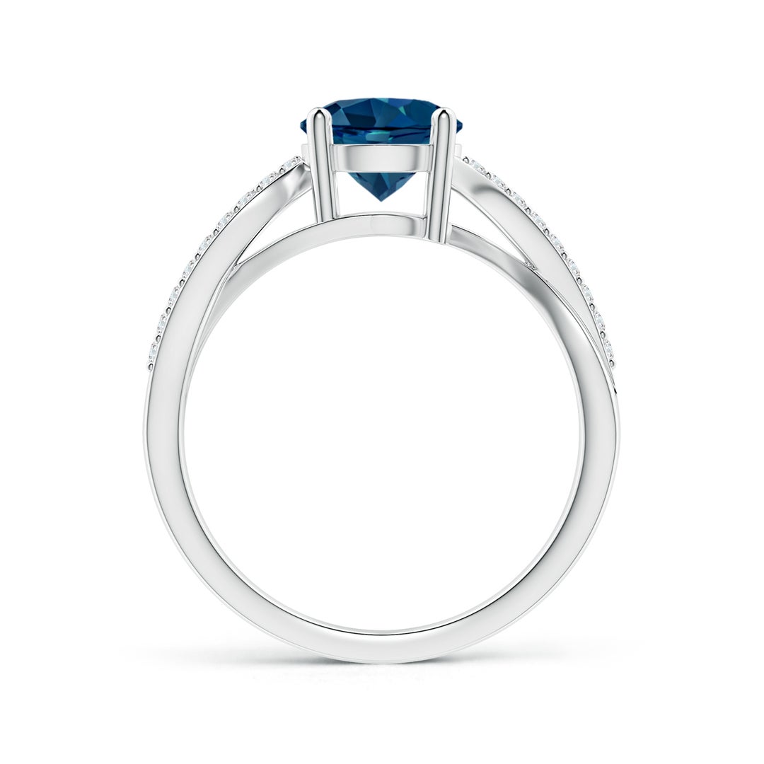 7mm AAAA Solitaire London Blue Topaz Twisted Split Shank Ring in White Gold - side 2