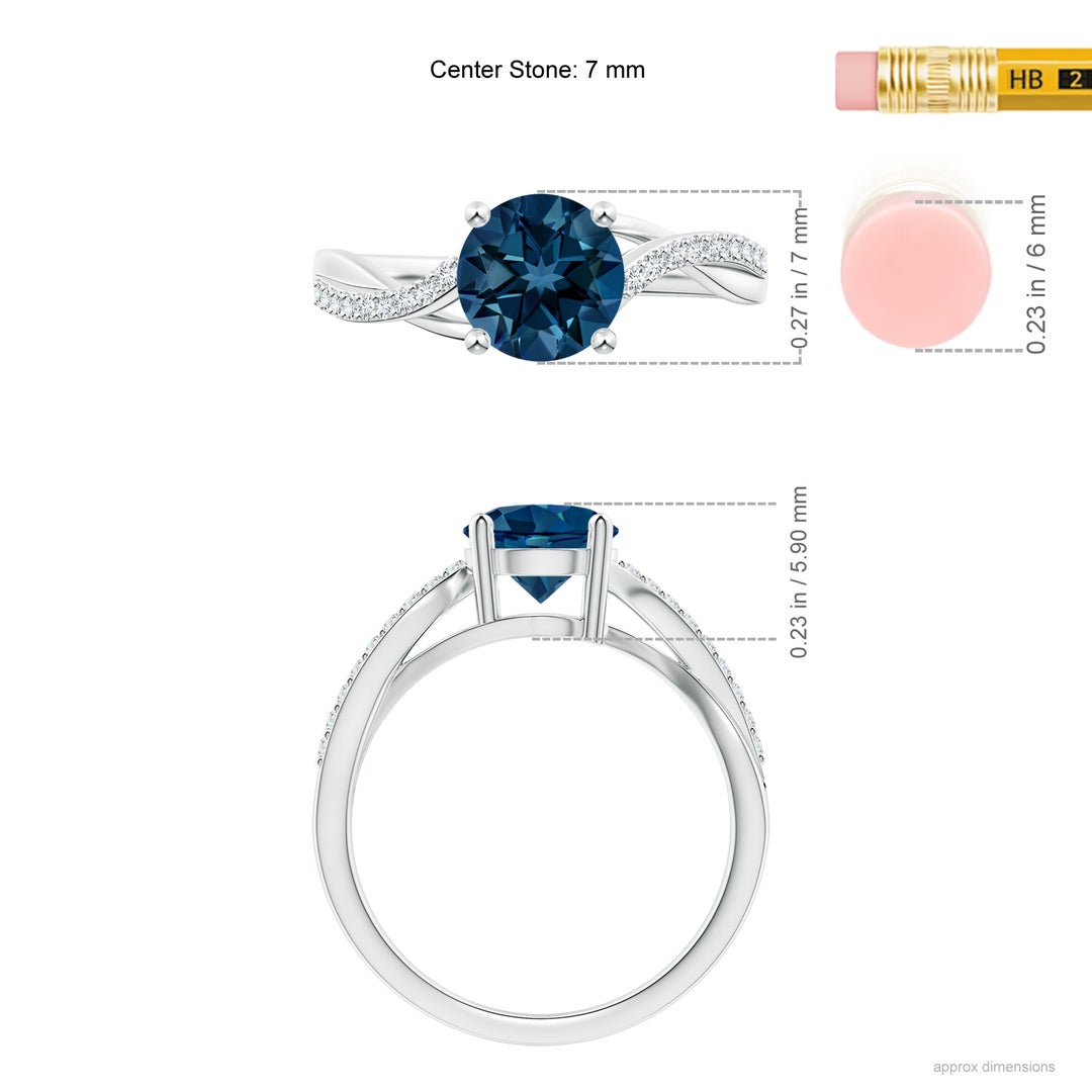 7mm AAAA Solitaire London Blue Topaz Twisted Split Shank Ring in White Gold - ruler