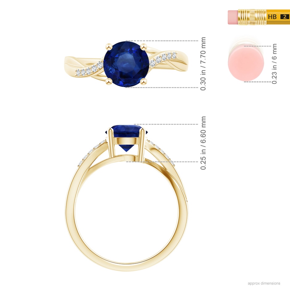 7.73x7.69x4.14mm AAA GIA Certified Solitaire Blue Sapphire Twisted Split Shank Ring in 18K Yellow Gold ruler