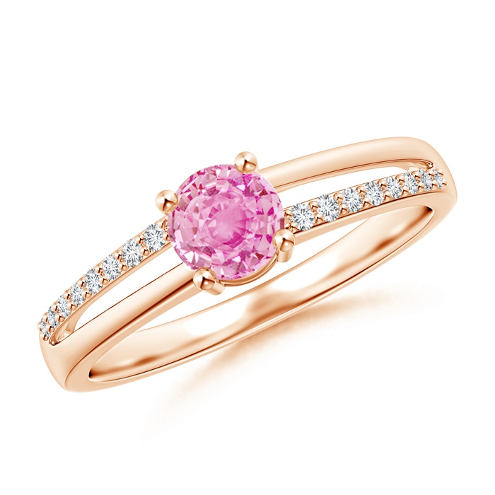 5mm A Split Shank Pink Sapphire Solitaire Ring with Diamond Accents in Rose Gold 