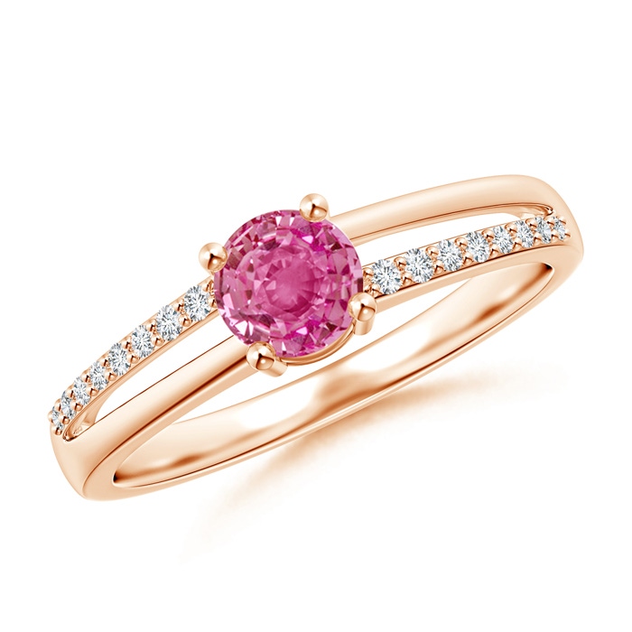 5mm AAA Split Shank Pink Sapphire Solitaire Ring with Diamond Accents in Rose Gold 