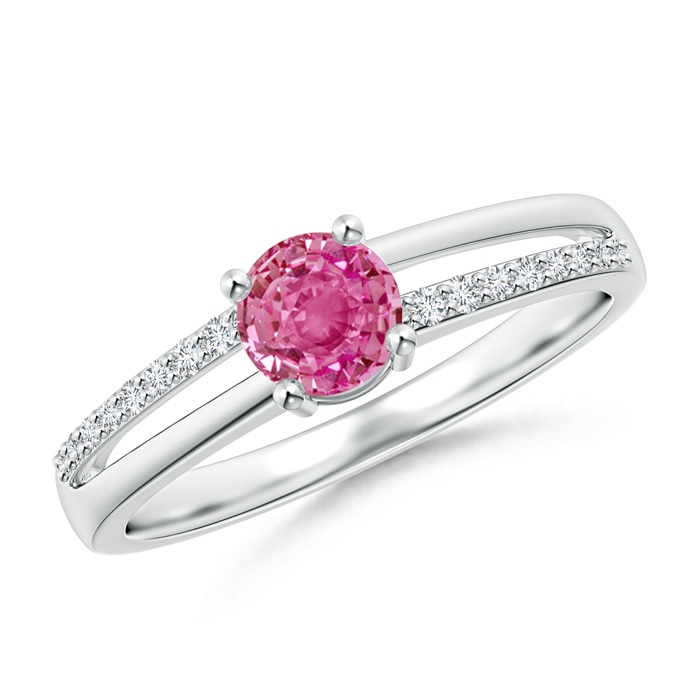 5mm AAA Split Shank Pink Sapphire Solitaire Ring with Diamond Accents in White Gold 