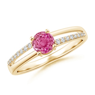 5mm AAA Split Shank Pink Sapphire Solitaire Ring with Diamond Accents in Yellow Gold