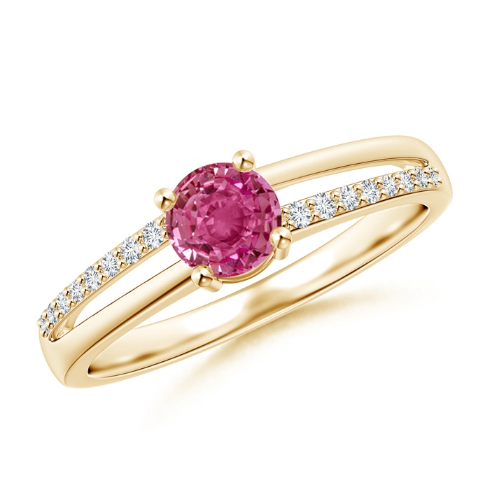 5mm AAAA Split Shank Pink Sapphire Solitaire Ring with Diamond Accents in Yellow Gold