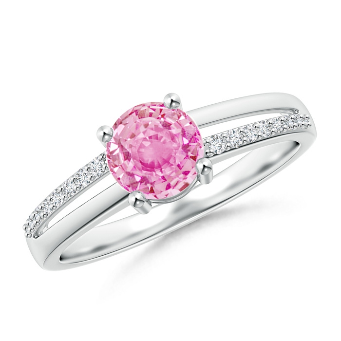 6mm A Split Shank Pink Sapphire Solitaire Ring with Diamond Accents in White Gold 