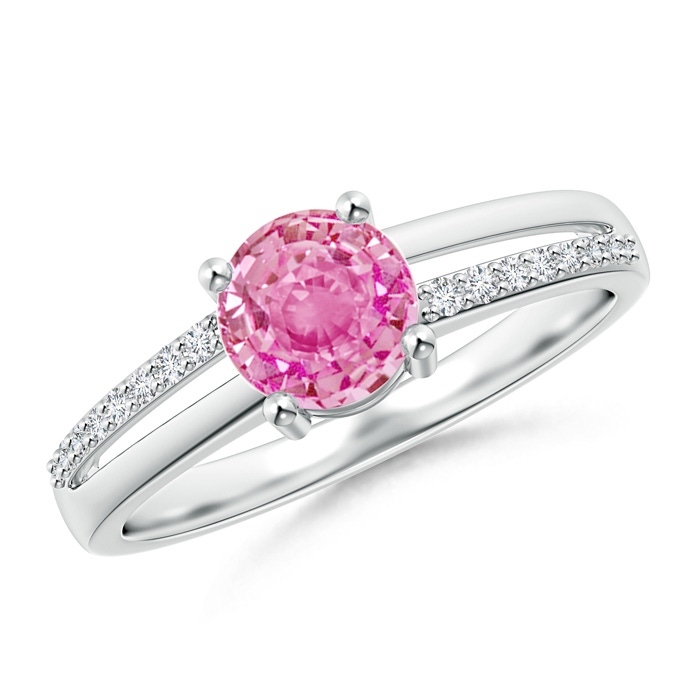 6mm AA Split Shank Pink Sapphire Solitaire Ring with Diamond Accents in White Gold 