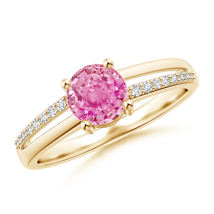 6mm AA Split Shank Pink Sapphire Solitaire Ring with Diamond Accents in Yellow Gold 