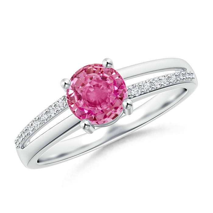 6mm AAA Split Shank Pink Sapphire Solitaire Ring with Diamond Accents in White Gold 