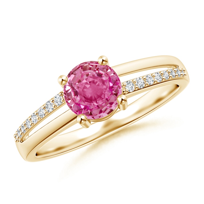 6mm AAA Split Shank Pink Sapphire Solitaire Ring with Diamond Accents in Yellow Gold 