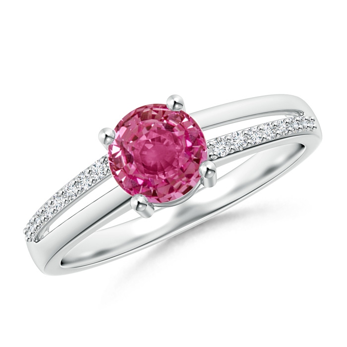 6mm AAAA Split Shank Pink Sapphire Solitaire Ring with Diamond Accents in White Gold 