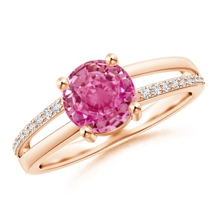 7mm AAA Split Shank Pink Sapphire Solitaire Ring with Diamond Accents in Rose Gold