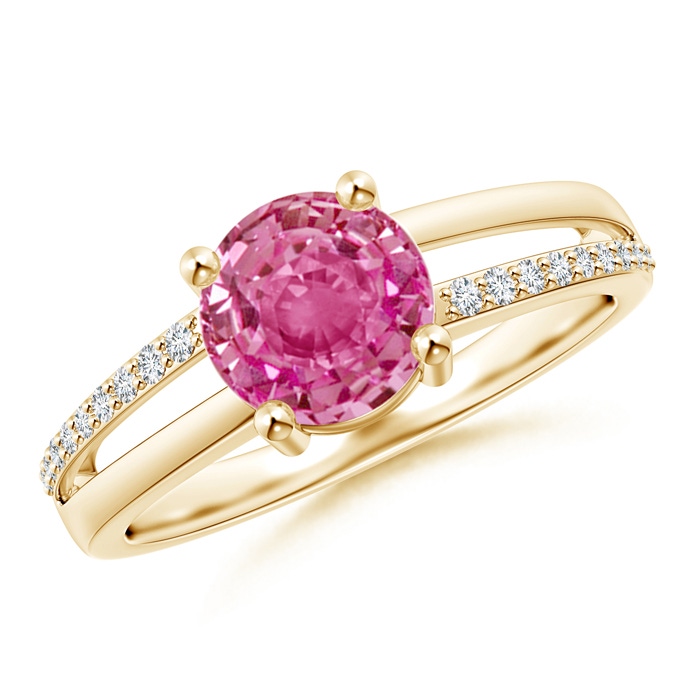 7mm AAA Split Shank Pink Sapphire Solitaire Ring with Diamond Accents in Yellow Gold 