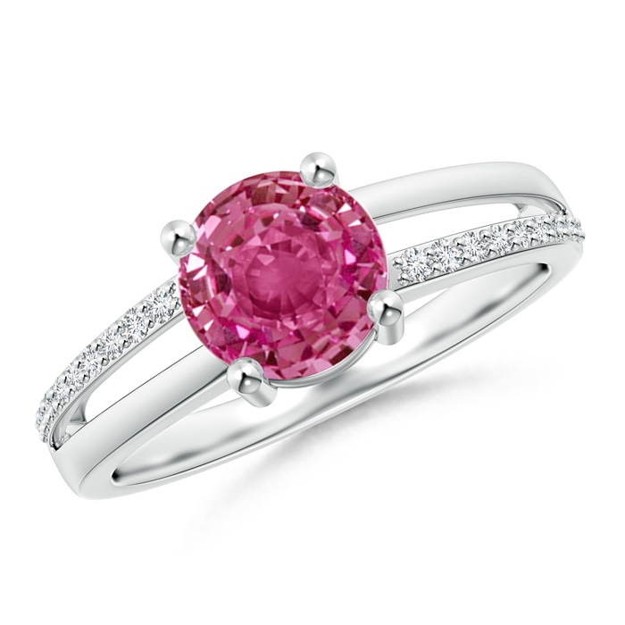7mm AAAA Split Shank Pink Sapphire Solitaire Ring with Diamond Accents in White Gold 