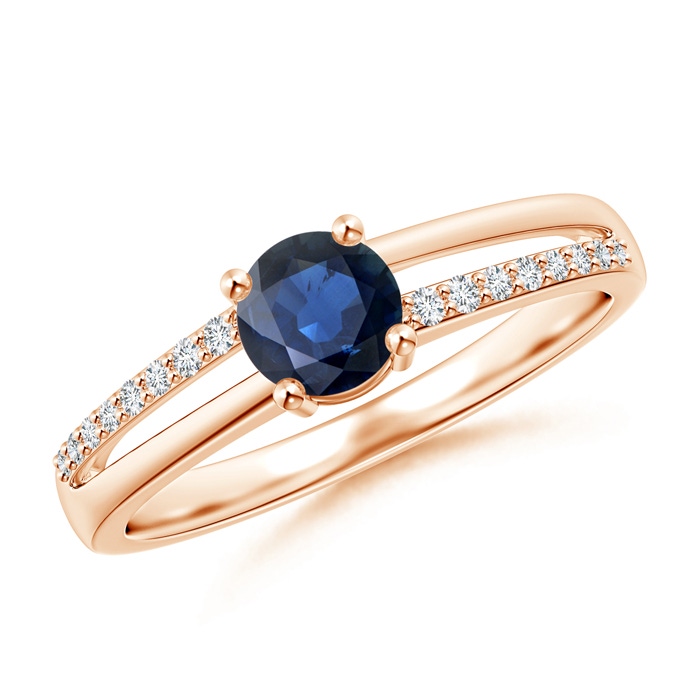 5mm AA Split Shank Blue Sapphire Solitaire Ring with Diamond Accents in Rose Gold 