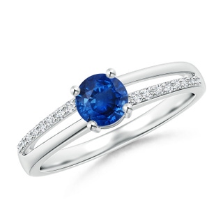 5mm AAA Split Shank Blue Sapphire Solitaire Ring with Diamond Accents in White Gold