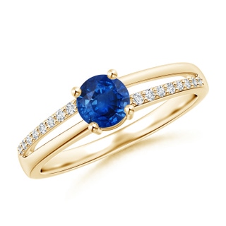5mm AAA Split Shank Blue Sapphire Solitaire Ring with Diamond Accents in Yellow Gold