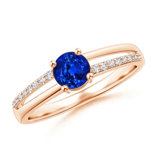 5mm AAAA Split Shank Blue Sapphire Solitaire Ring with Diamond Accents in Rose Gold