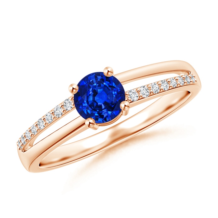 5mm AAAA Split Shank Blue Sapphire Solitaire Ring with Diamond Accents in Rose Gold 