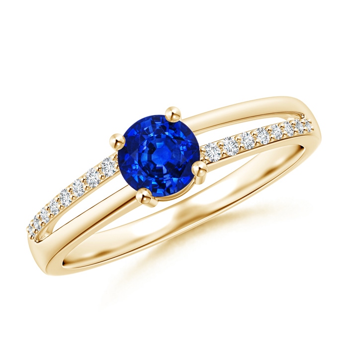5mm AAAA Split Shank Blue Sapphire Solitaire Ring with Diamond Accents in Yellow Gold 