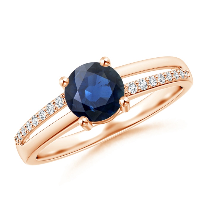 6mm AA Split Shank Blue Sapphire Solitaire Ring with Diamond Accents in Rose Gold 
