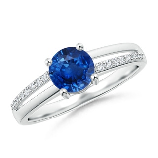 6mm AAA Split Shank Blue Sapphire Solitaire Ring with Diamond Accents in White Gold