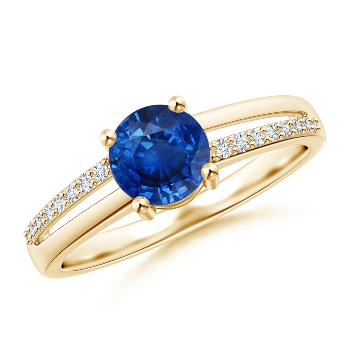 6mm AAA Split Shank Blue Sapphire Solitaire Ring with Diamond Accents in Yellow Gold 