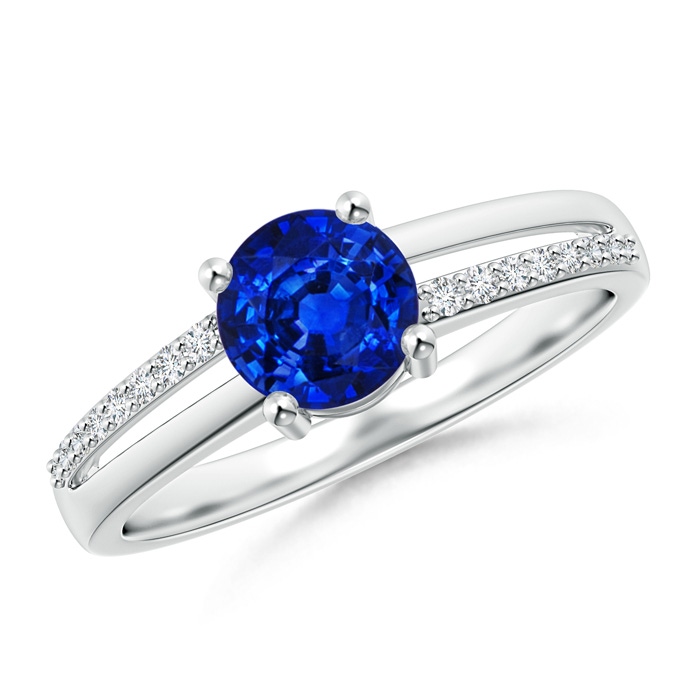 6mm AAAA Split Shank Blue Sapphire Solitaire Ring with Diamond Accents in White Gold 