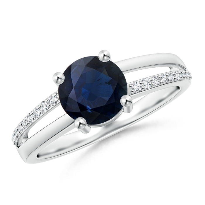 7mm A Split Shank Blue Sapphire Solitaire Ring with Diamond Accents in White Gold 