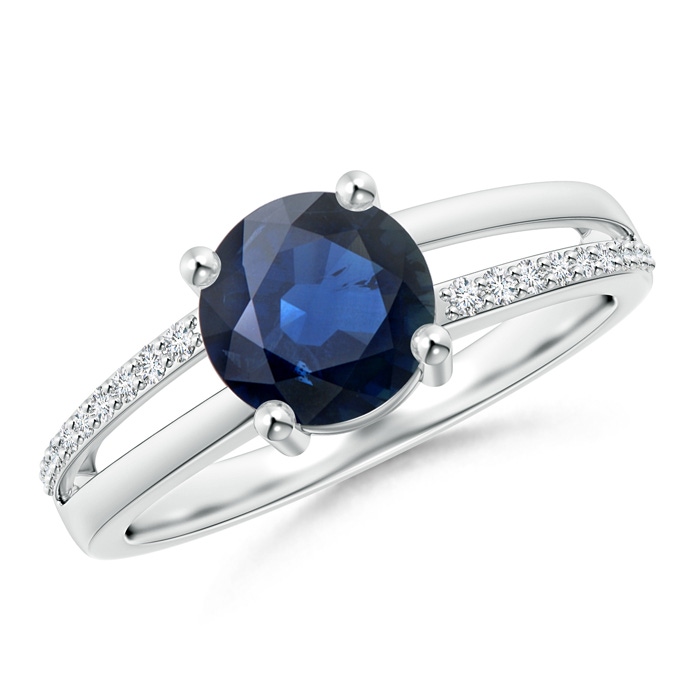 7mm AA Split Shank Blue Sapphire Solitaire Ring with Diamond Accents in White Gold 