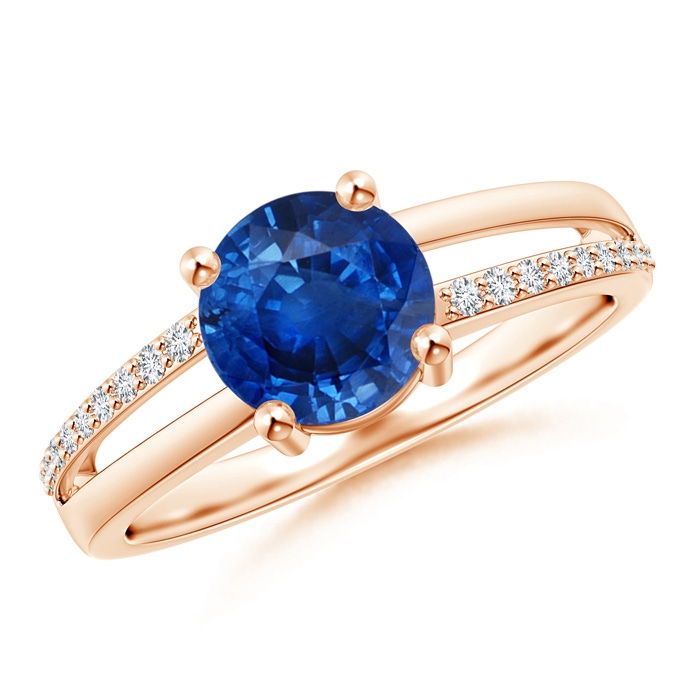 7mm AAA Split Shank Blue Sapphire Solitaire Ring with Diamond Accents in Rose Gold 