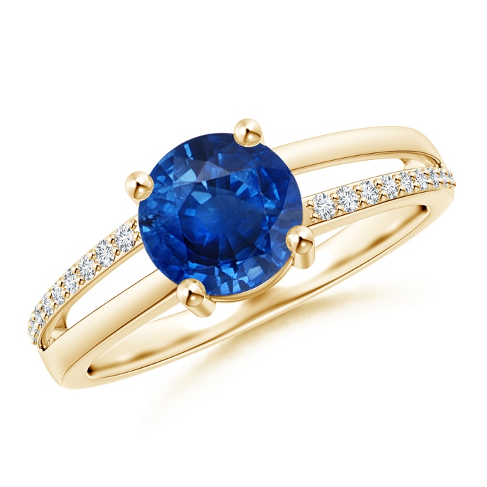 7mm AAA Split Shank Blue Sapphire Solitaire Ring with Diamond Accents in Yellow Gold
