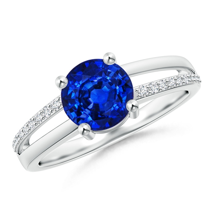 7mm AAAA Split Shank Blue Sapphire Solitaire Ring with Diamond Accents in P950 Platinum 