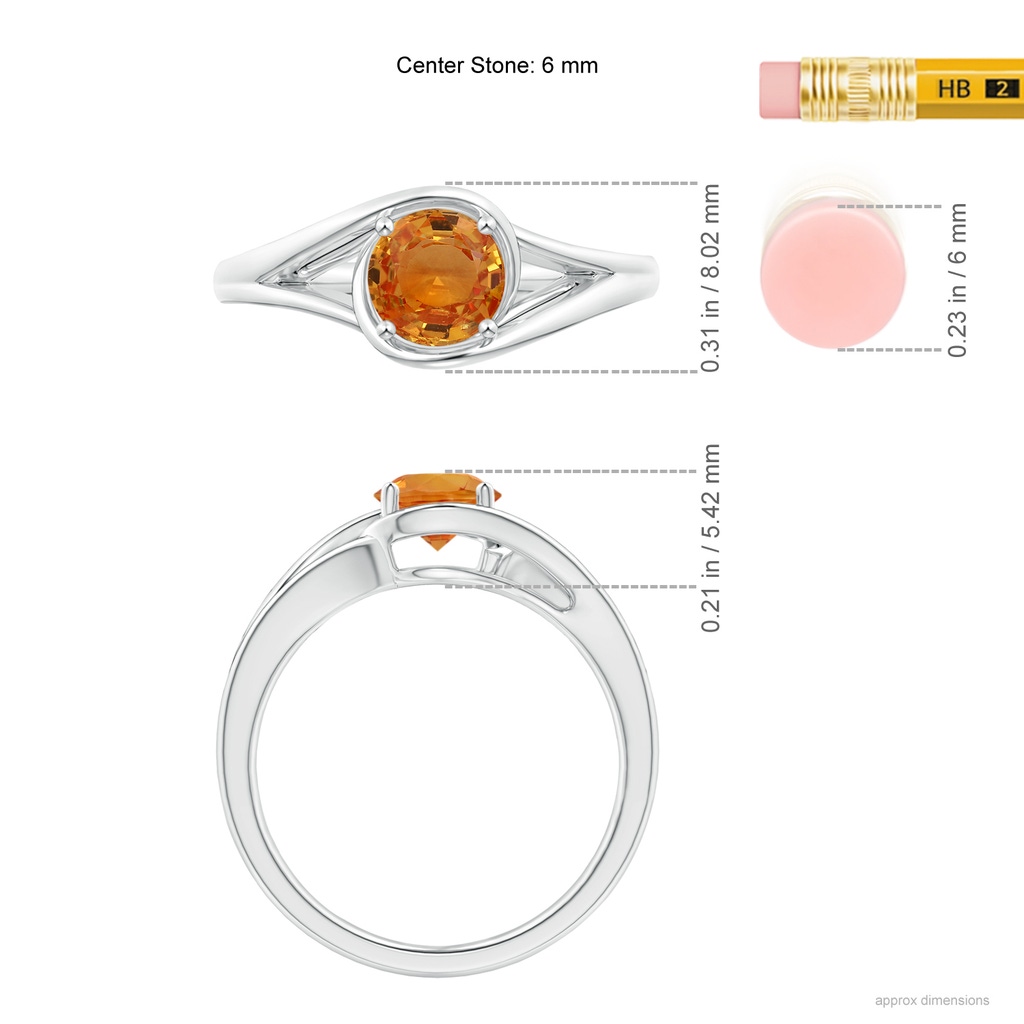 6mm AAA Twist Split Shank Solitaire Orange Sapphire Ring in White Gold Ruler