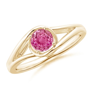 5mm AAA Twist Split Shank Solitaire Pink Sapphire Ring in Yellow Gold