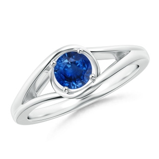 5mm AAA Twist Split Shank Solitaire Blue Sapphire Ring in White Gold