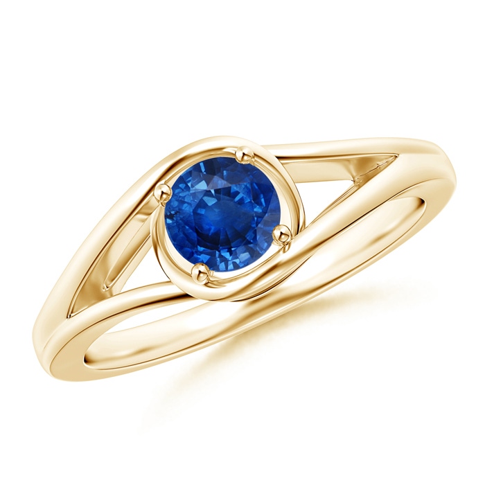 5mm AAA Twist Split Shank Solitaire Blue Sapphire Ring in Yellow Gold 