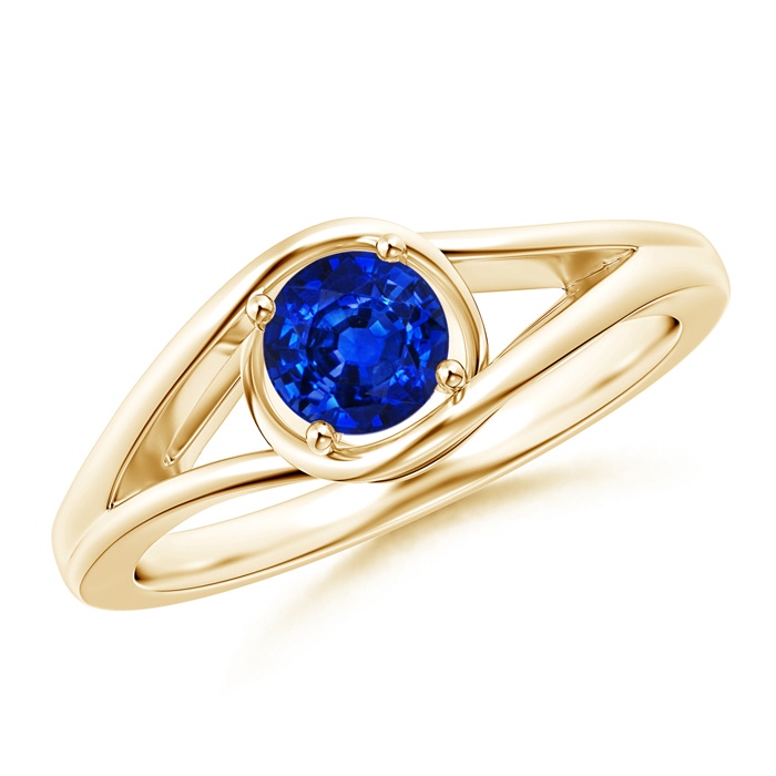 5mm AAAA Twist Split Shank Solitaire Blue Sapphire Ring in Yellow Gold 