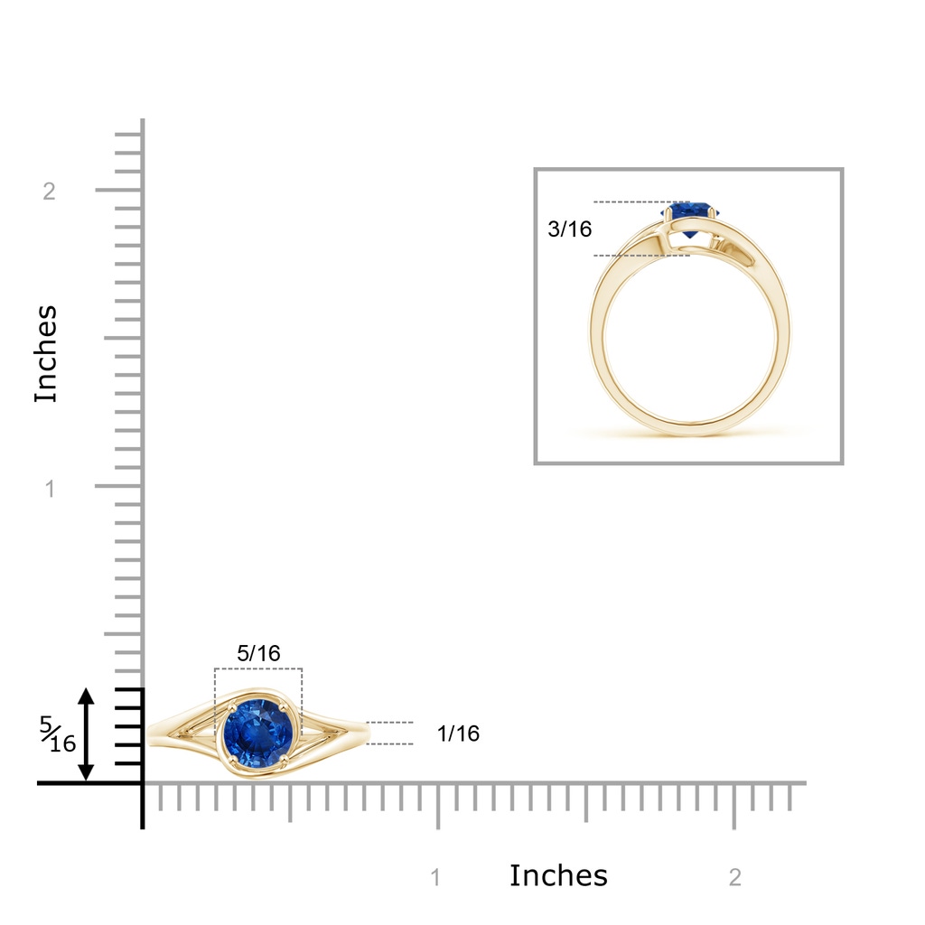 6mm AAA Twist Split Shank Solitaire Blue Sapphire Ring in 9K Yellow Gold Ruler