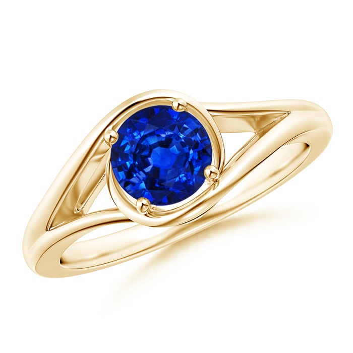 6mm AAAA Twist Split Shank Solitaire Blue Sapphire Ring in Yellow Gold 