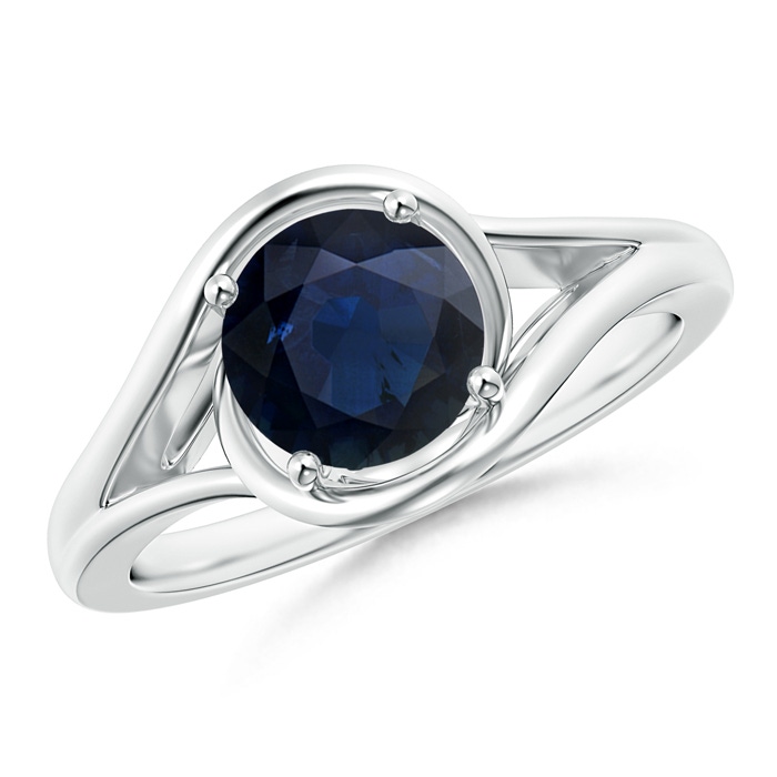 7mm A Twist Split Shank Solitaire Blue Sapphire Ring in White Gold 