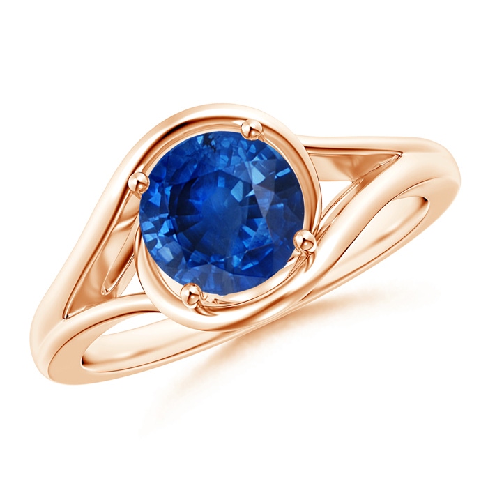 7mm AAA Twist Split Shank Solitaire Blue Sapphire Ring in Rose Gold 