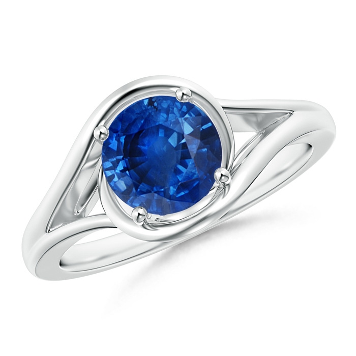 7mm AAA Twist Split Shank Solitaire Blue Sapphire Ring in White Gold 