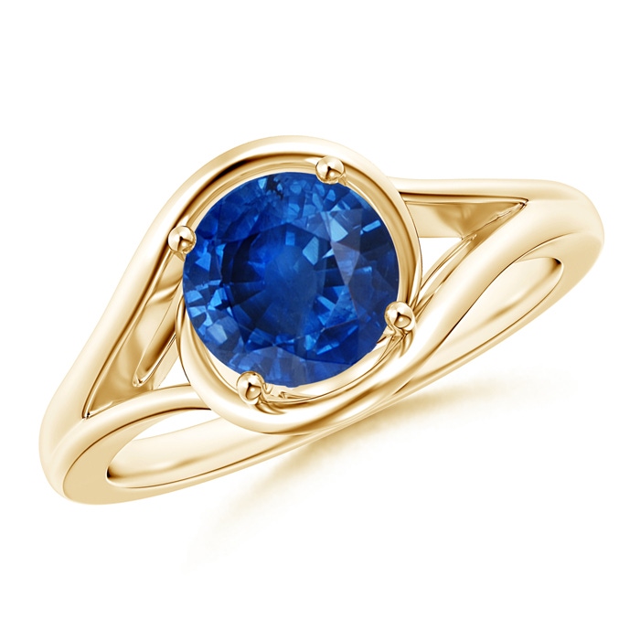 7mm AAA Twist Split Shank Solitaire Blue Sapphire Ring in Yellow Gold 