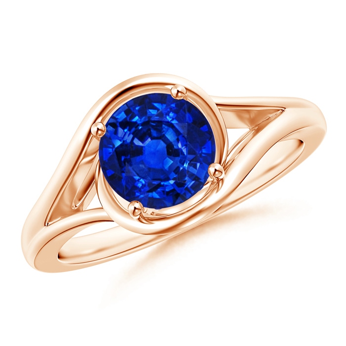 7mm AAAA Twist Split Shank Solitaire Blue Sapphire Ring in Rose Gold 