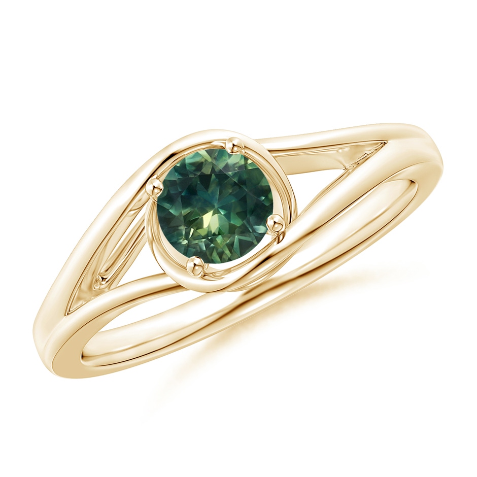 5mm AA Twist Split Shank Solitaire Teal Montana Sapphire Ring in Yellow Gold 