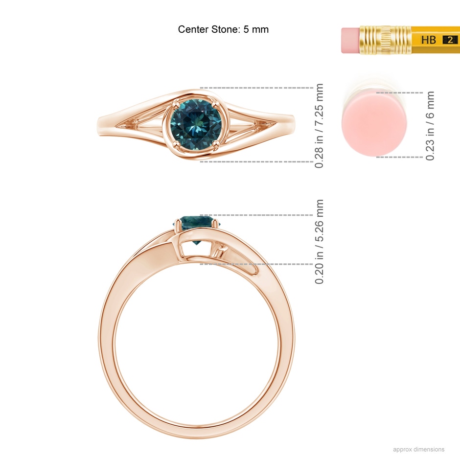 5mm AAA Twist Split Shank Solitaire Teal Montana Sapphire Ring in Rose Gold ruler