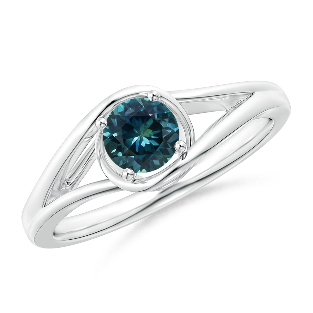 5mm AAA Twist Split Shank Solitaire Teal Montana Sapphire Ring in White Gold