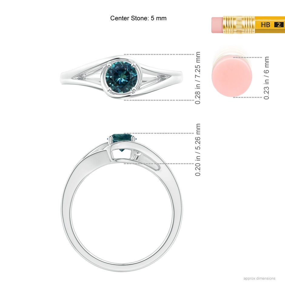 5mm AAA Twist Split Shank Solitaire Teal Montana Sapphire Ring in White Gold ruler
