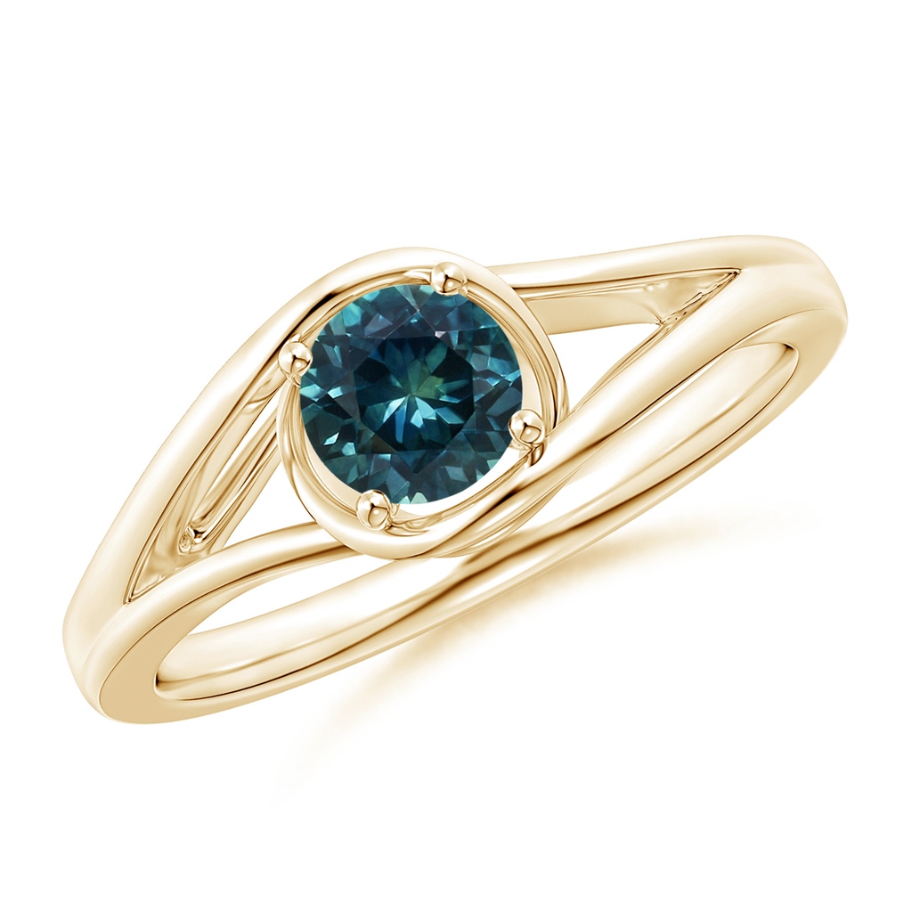 5mm AAA Twist Split Shank Solitaire Teal Montana Sapphire Ring in Yellow Gold