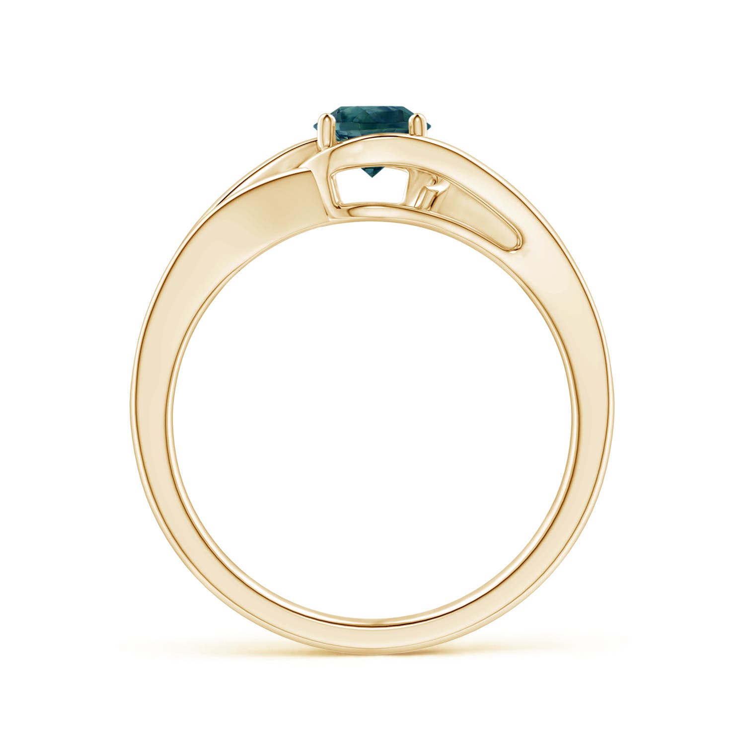 5mm AAA Twist Split Shank Solitaire Teal Montana Sapphire Ring in Yellow Gold